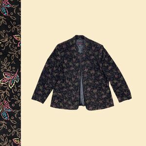 1980s black velvet jacket by Collections II, vintage floral open faced jacket